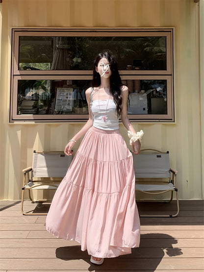 Women's elegant tiered A-line long skirt made of 100% polyester with lining, elastic high-waist, flared hem, loose fit, suitable for spring/summer/fall fashion.