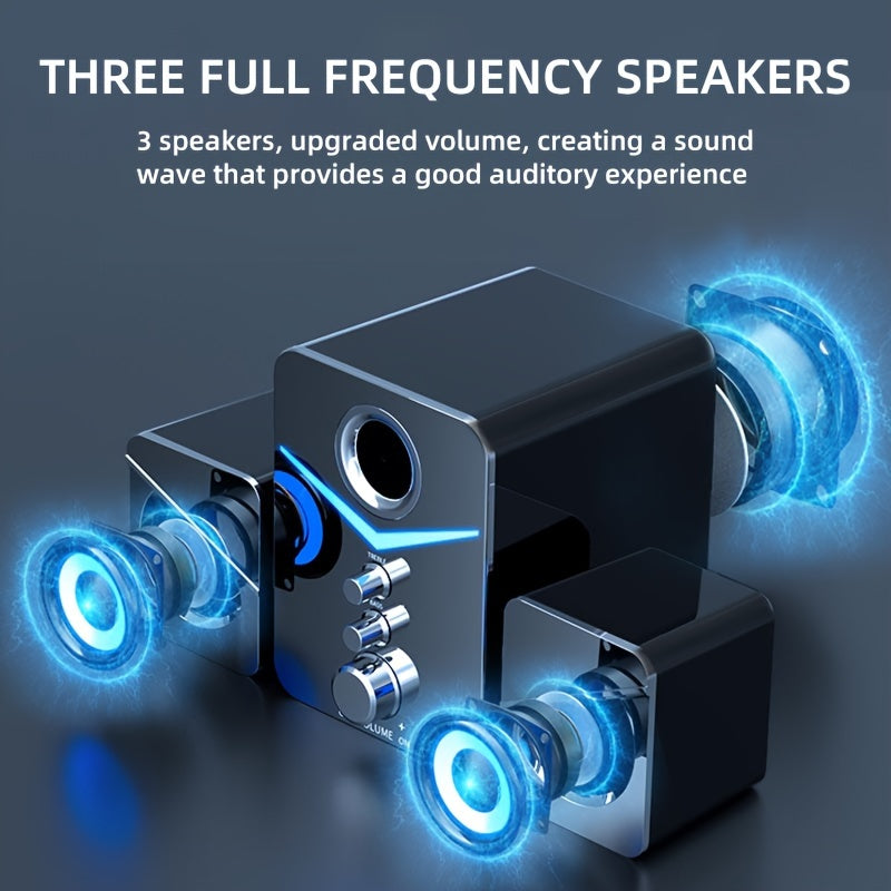 Desktop stereo speaker with LED lighting, compatible with devices with 3.5mm audio output.