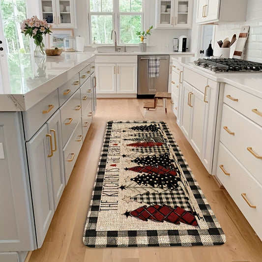 Retro kitchen mat with seasonal and holiday patterns in white and black, suitable for multiple rooms and home decoration.