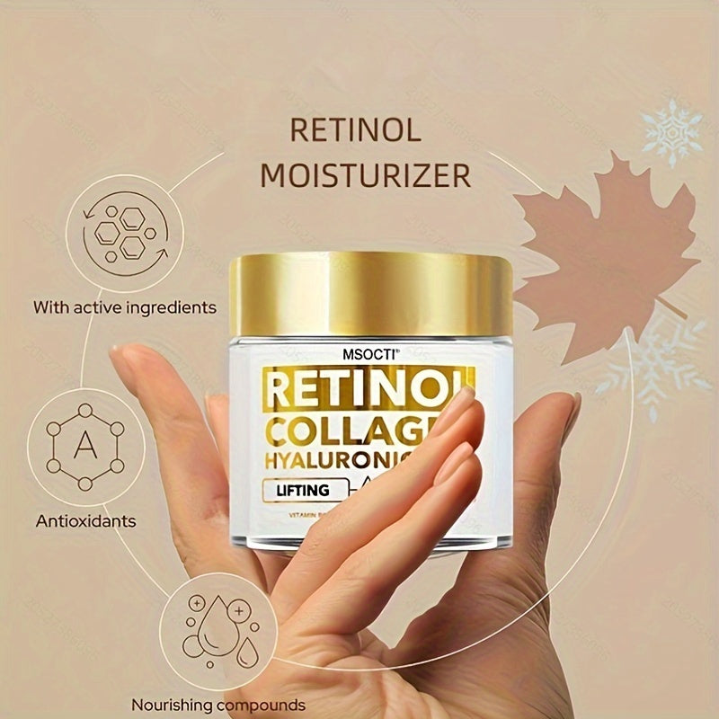 A hydrating cream for all skin types containing Retinol, Collagen, Shea Butter, Vitamin C, Aloe Vera, and Hyaluronic Acid.