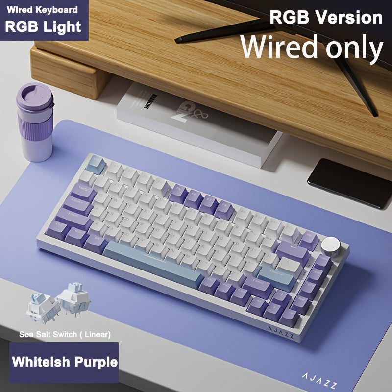 AJAZZ AK820 is a 75% wired mechanical gaming keyboard with volume knob, South-backlit LED, PBT keycaps, swappable RGB keys, ergonomic design, detachable USB-C cable, and keycap puller