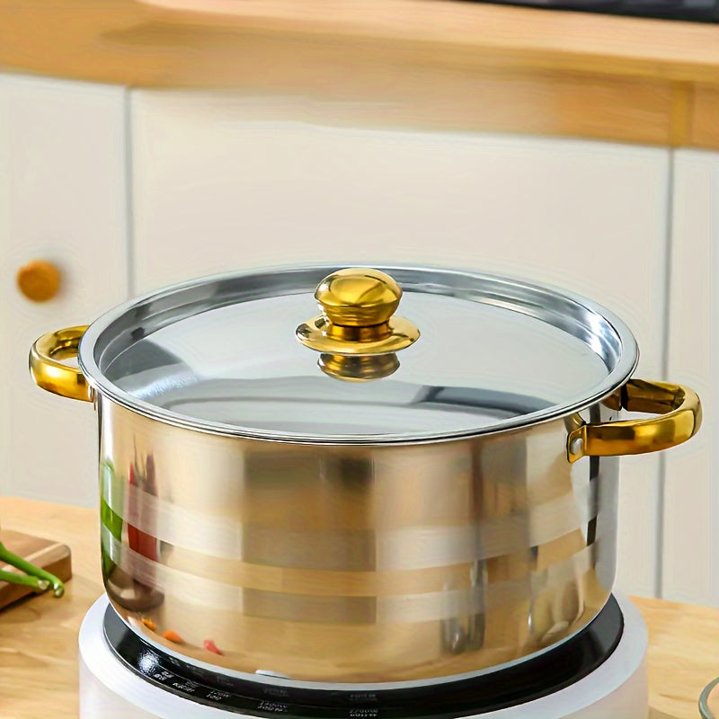 This cookware set includes 10 pieces of stainless steel cookware, featuring 5 pots in various sizes (16.99cm, 19.51cm, 21.69cm, 23.7cm, 25.5cm) with lids. The dual-handle design makes it easy to carry and store, and is suitable for use on both induction