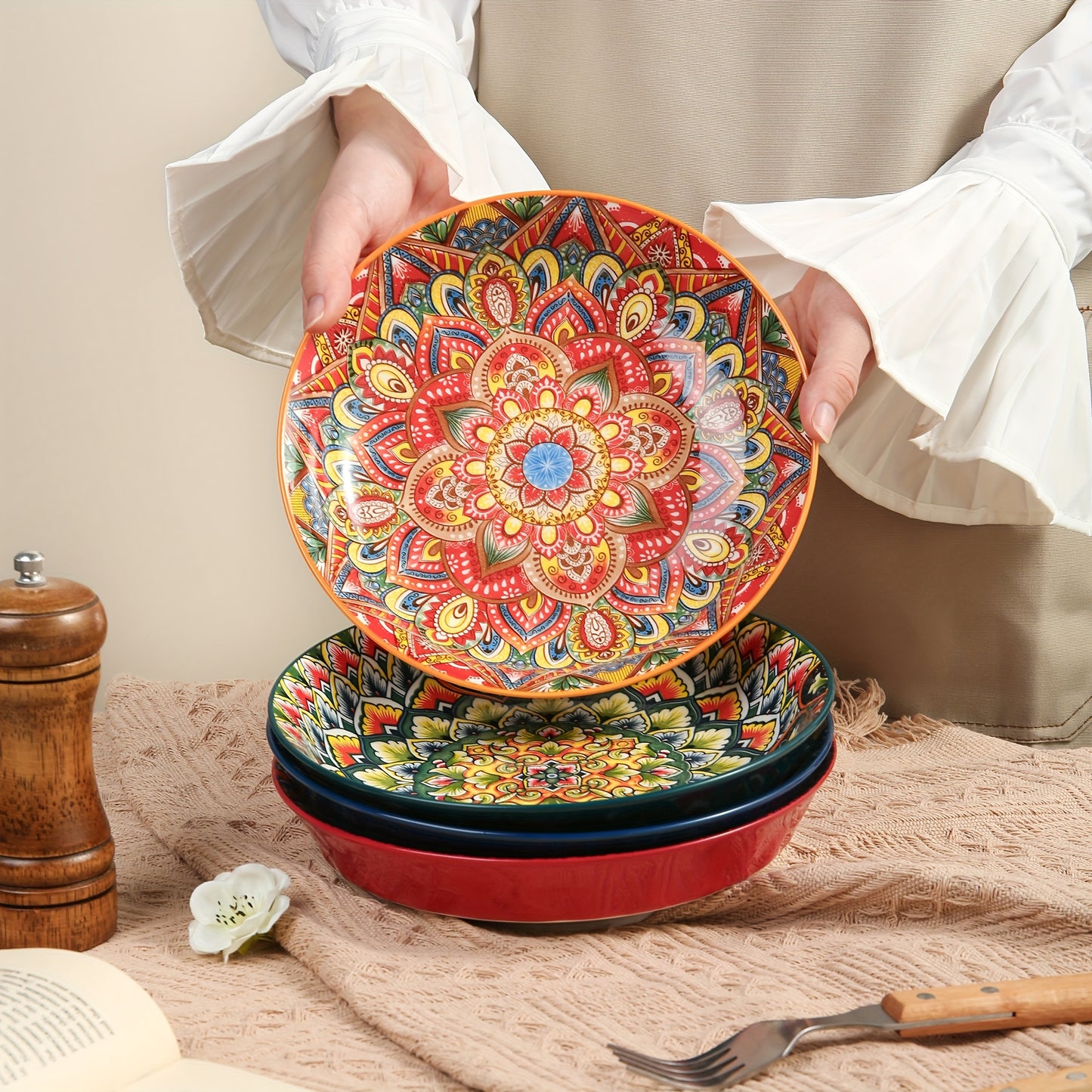 1pc 8-inch Bohemian Style Ceramic Dinner Plate suitable for home and restaurant use. Microwave safe.