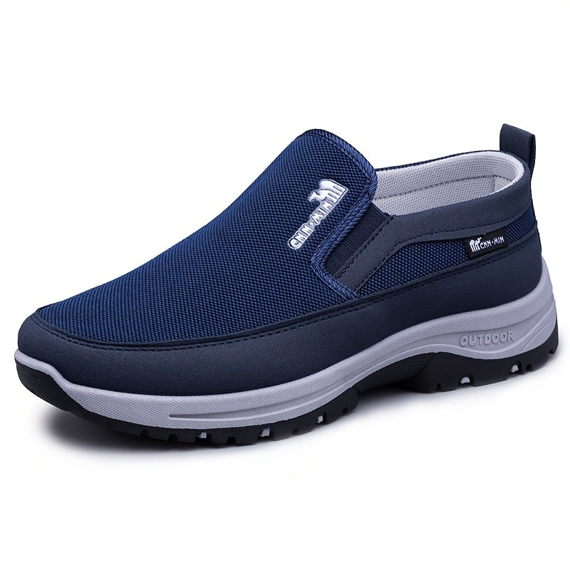 Men's slip-on sports sneakers with breathable fabric upper, round toe, and faux sole for daily wear and running.