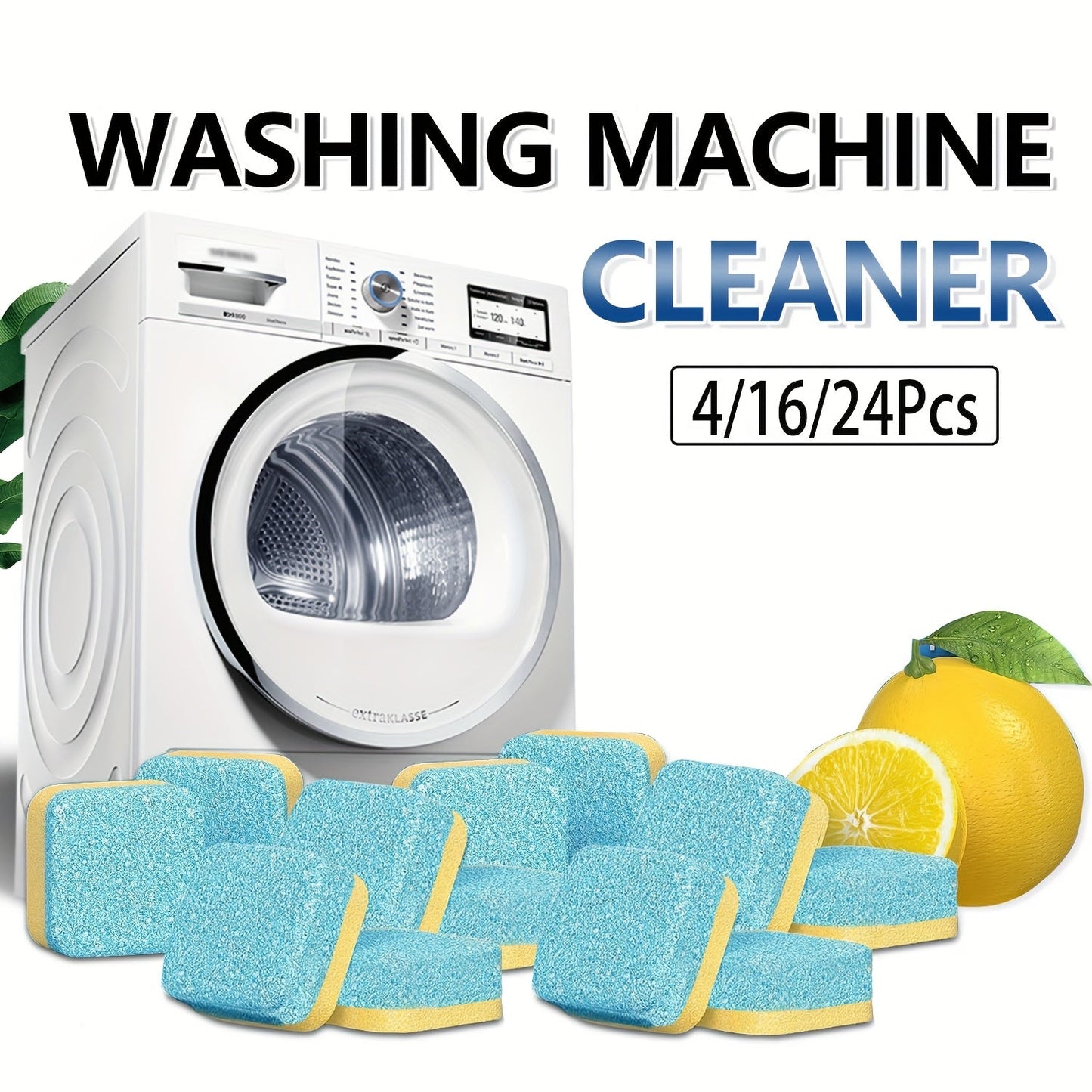 Washing Machine Cleaner Tablets - Pack of 4/16/24pcs with Powerful Descaler for Deep Cleaning HE Front Loader & Top Load Washer. Septic Safe and High-Quality Deodorizer to Clean Drum & Laundry Tub Seal.