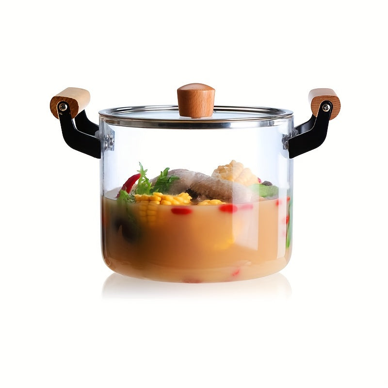 This soup pot with a lid and double wooden handle is perfect for cooking a variety of dishes. Made of safe glass, this household kitchen glass cooker is ideal for making pasta, noodles, soup, juice, and milk. Complete your kitchen supplies with this