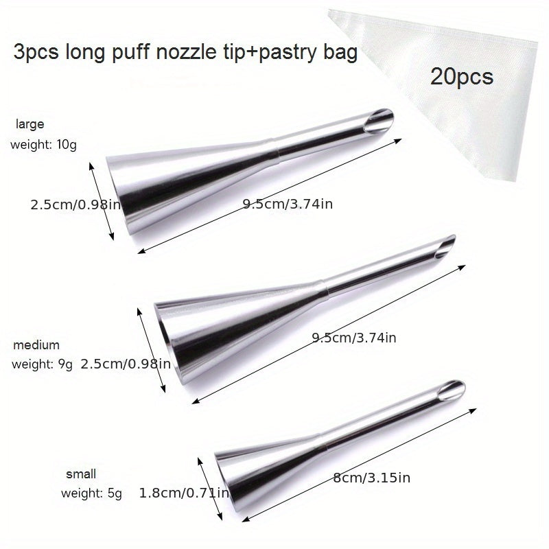 Puff Piping Tips and Piping Bags Set - 23/24/26 Pieces, Made of 304 Stainless Steel Pastry Tips and Disposable Pastry Bags, Includes Icing Nozzle Tips for Frosting. Ideal for Cupcake and Cake Decorating, Puff and Cookie Making. Perfect Baking Tools