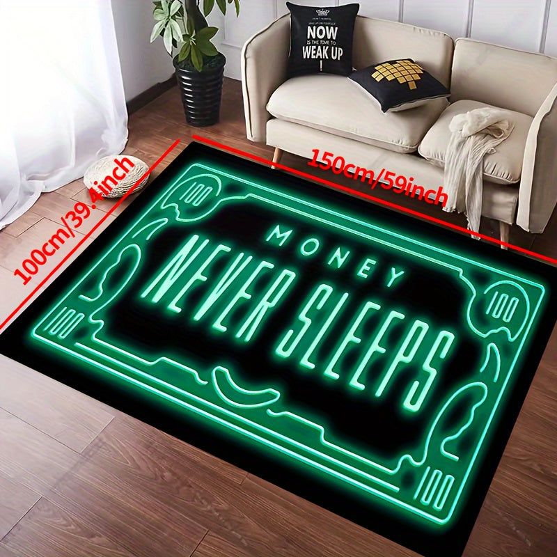 Money Never Sleeps Rug: This non-slip resistant mat features a print design and is machine washable and waterproof, making it perfect for use in the living room, bedroom, nursery, patio, garden, or yard. Enhance your home decor with this versatile rug.