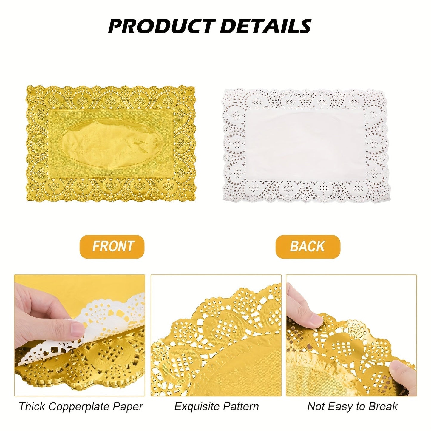 Pack of 100 Rectangle Golden Paper Doilies Placemats, Lace Paper Doilies Pad, Disposable Paper Doilies Placemats - Perfect for Desserts, Fried Foods, Cakes, Crafts, Wedding Parties, and Cake Packaging on Table Decorations