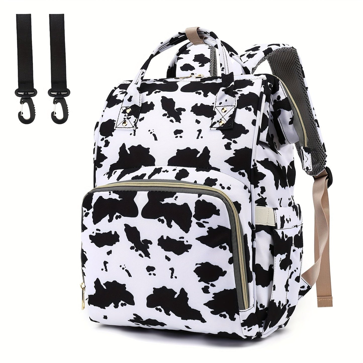 Versatile Diaper Bag Backpack with Stroller Hook, Perfect for Both Parents, Spacious and Stylish with Cow Print and Leopard Print Design - A Must-Have Travel Essential.