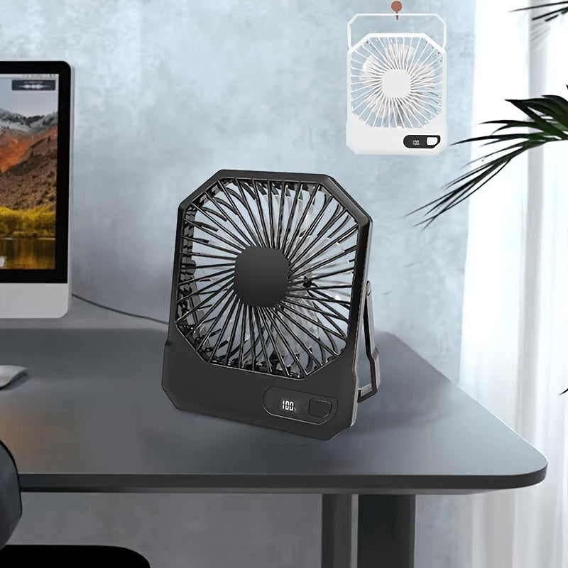 Introducing the 1pc Portable USB Desktop Fan with Digital Display. This 3-speed 6-inch mini cooling fan offers 180° silent operation and is perfect for indoor and outdoor use. With button control and a rechargeable lithium battery, it's ideal for home