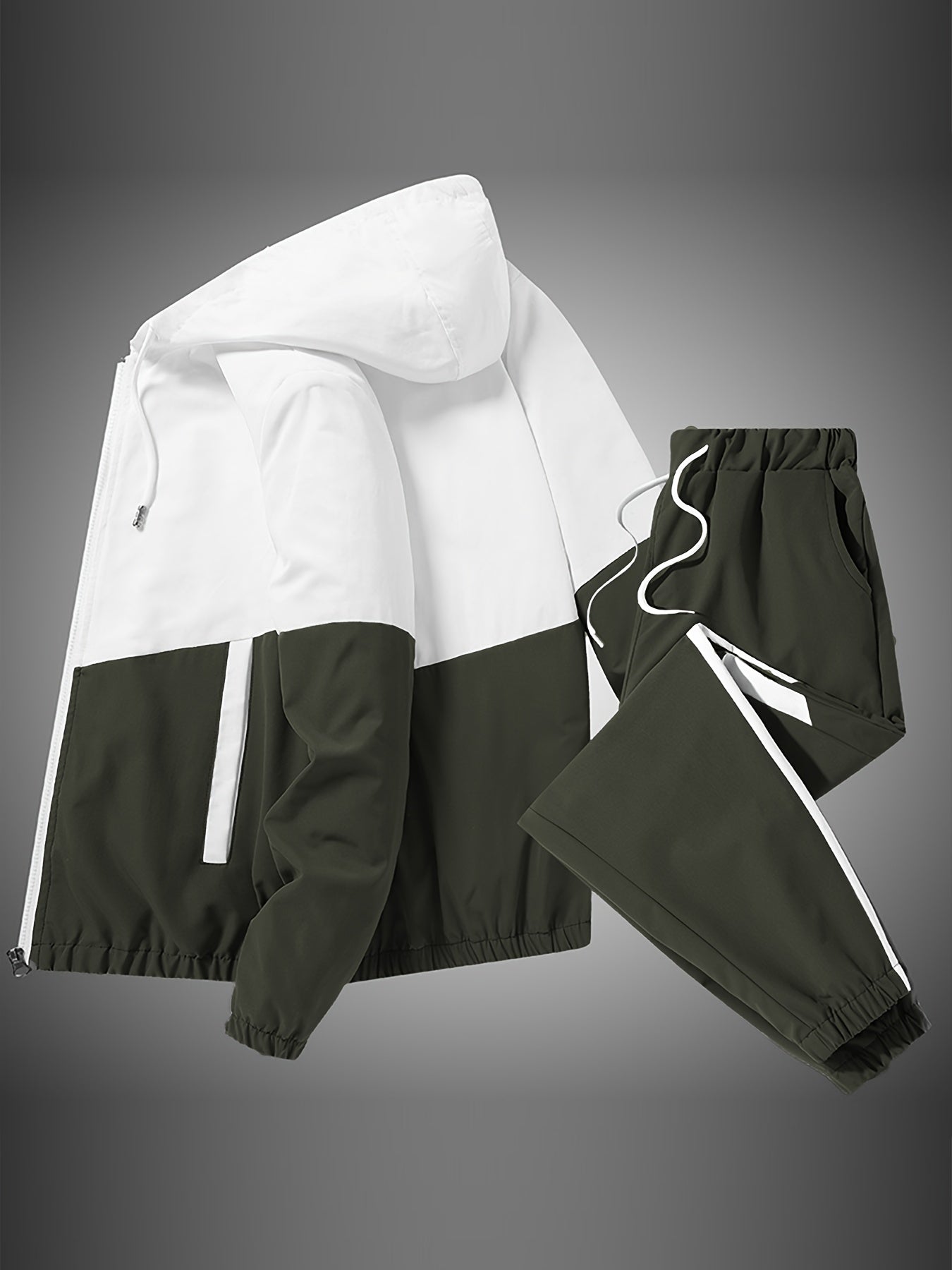 Stylish men's sportswear set with hooded jacket and long pants.