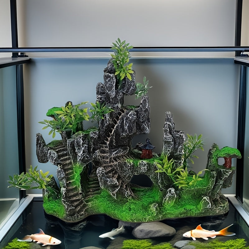 Resin rockery mountain design aquarium decoration with miniature plants and hardscape for fish tank landscape.