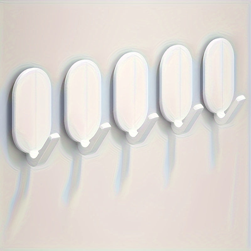 5 heavy-duty adhesive hooks for bathroom wall-mounting, great for towels and robes, easy installation without drilling.