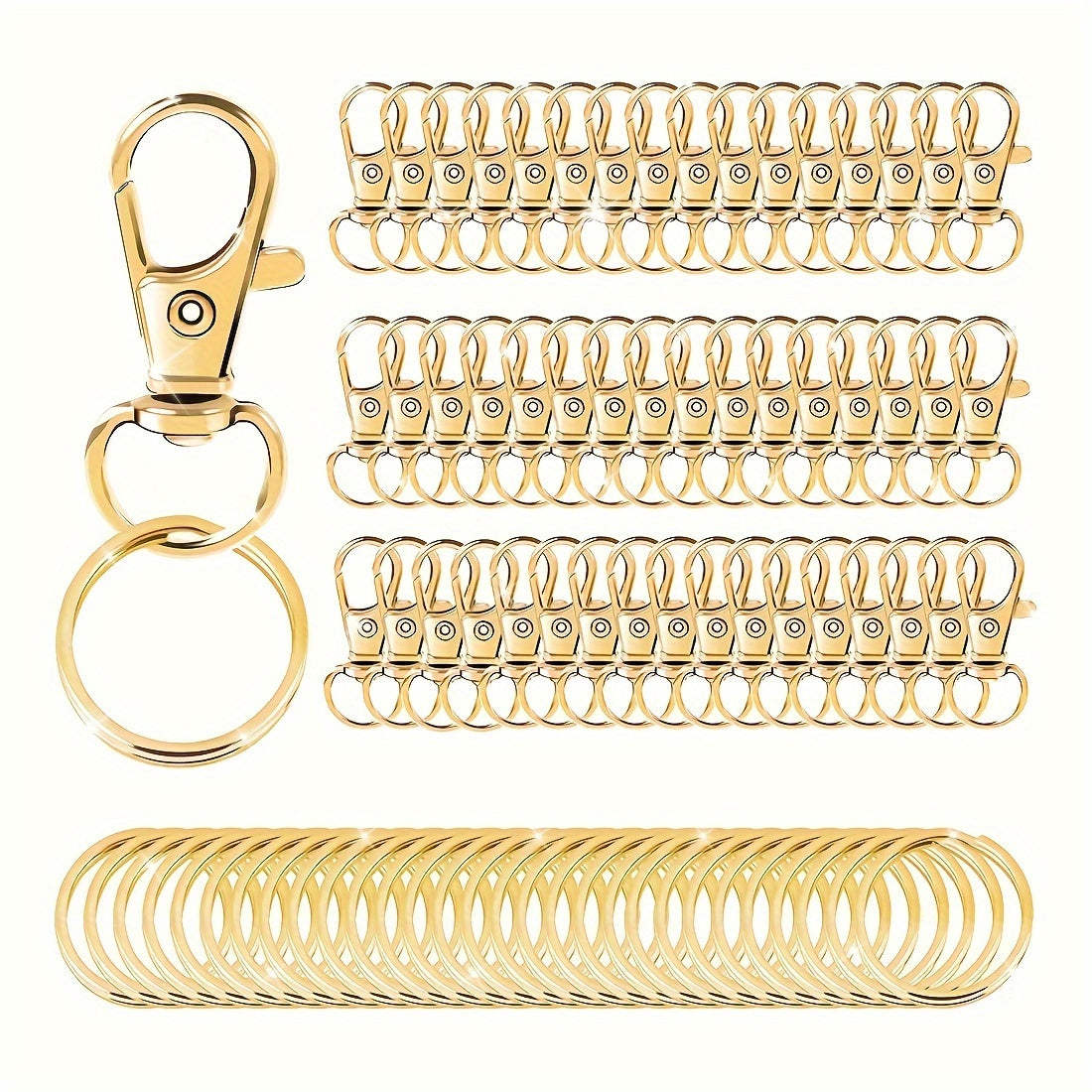 A set of 100 Golden Keychains, including Swivel Lobster Clasps Key Ring Clip Hooks, Twist Clasps, 50 Rotating Carabiner Hooks, and 50 Key Rings in Gold (Type A)