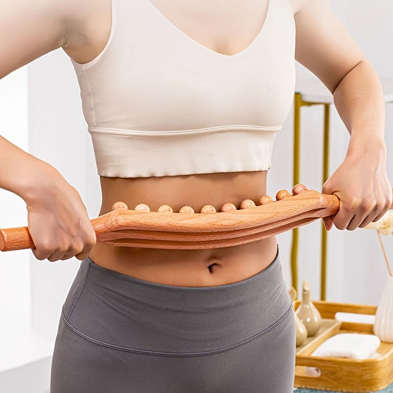 High-quality wooden meridian roller with 20 beads for full body massage and professional abdominal scraping.