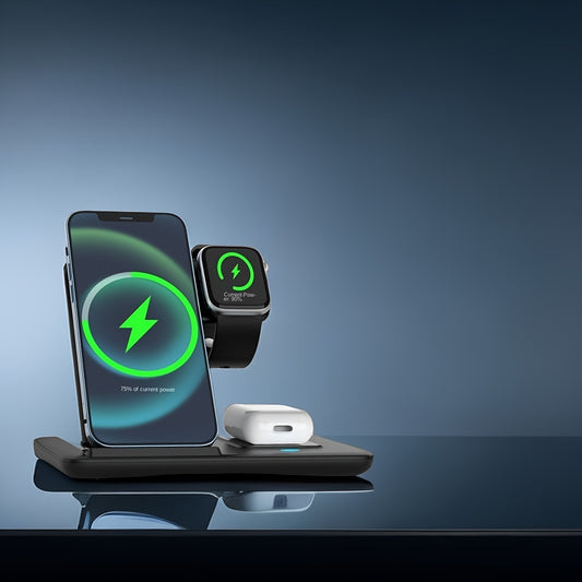 Folding 3-in-1 Wireless Charging Station for iPhone and Apple Watch, compatible with Airpods.