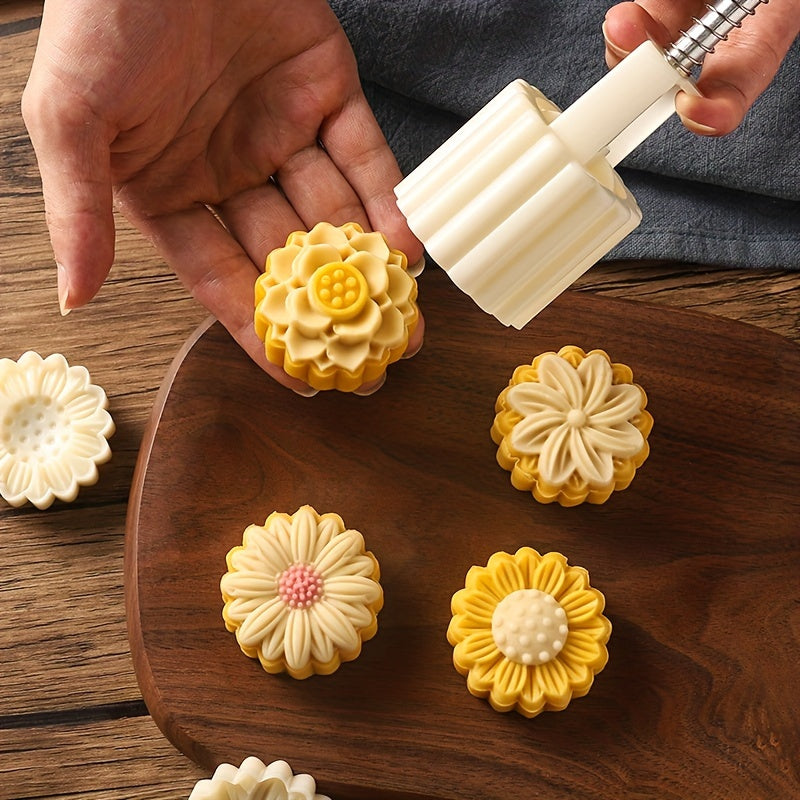 1 Set of Flower Moon Cake Mold with 1 Mold and 4 Stamps, DIY Hand Press Moon Cake Stamps for Mung Bean Cake, Mid Autumn Festival Pastry Mold, Flower-Shaped Moon Cake Maker, Baking Tools, and Kitchen Gadgets