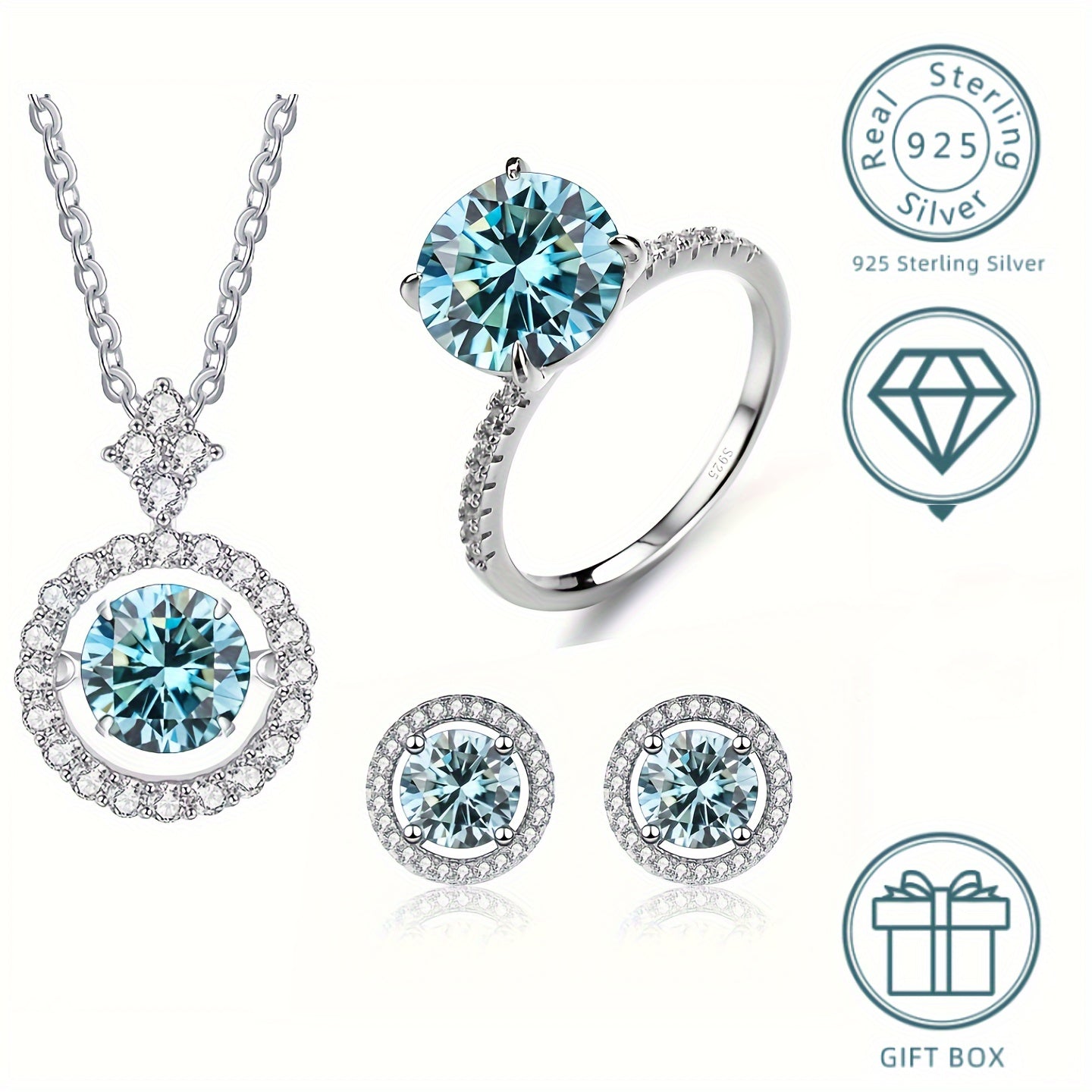 Set of 4 Moissanite Earrings (1ct each)*2, 1ct Moissanite Ring, and 3ct Moissanite Necklace in 925 Sterling Silver. Available in Multiple Colors with Gift Box