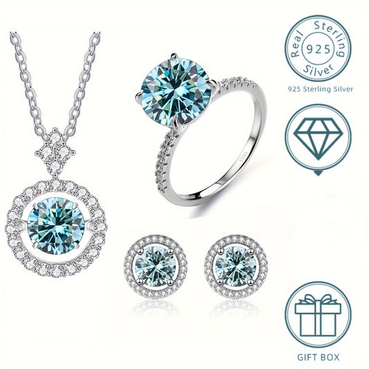 Set of 4 Moissanite Earrings (1ct each)*2, 1ct Moissanite Ring, and 3ct Moissanite Necklace in 925 Sterling Silver. Available in Multiple Colors with Gift Box