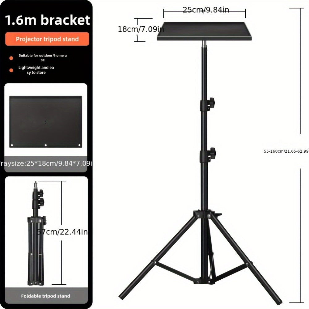 Adjustable tripod stand for projector made of carbon steel, suitable for cameras and laptops. Standard mount holder, does not include battery and is not wireless.