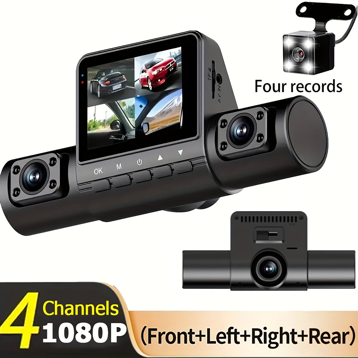 1pc 4 Channel 1080P HD Dash Cam with Night Vision, LED Display, and Front/Left/Right/Rear Recording for Drivers Side.