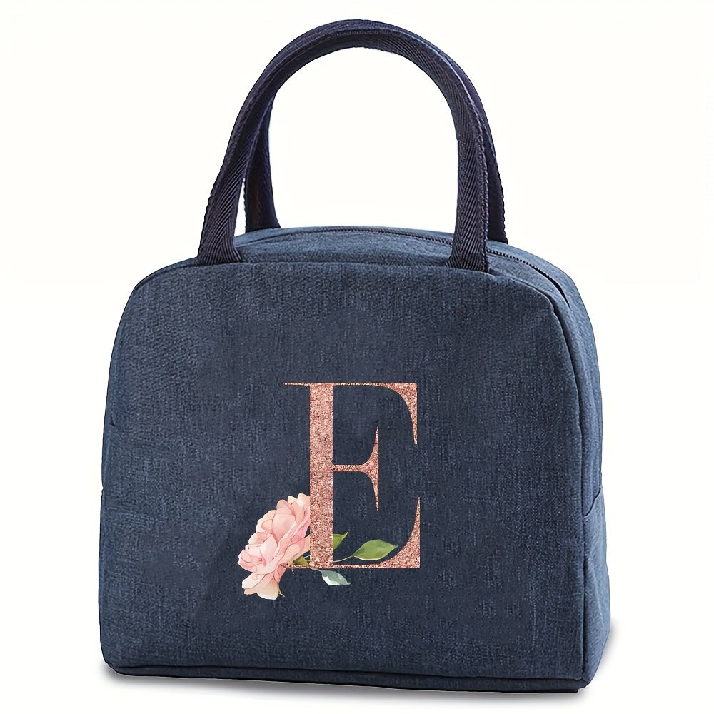 Insulated lunch bag with monogram, featuring a rose gold design. Made of waterproof, leakproof, BPA-free polyester material. Includes a square thermal food storage compartment with an ice compartment. Easily washable by hand. Perfect for school, office