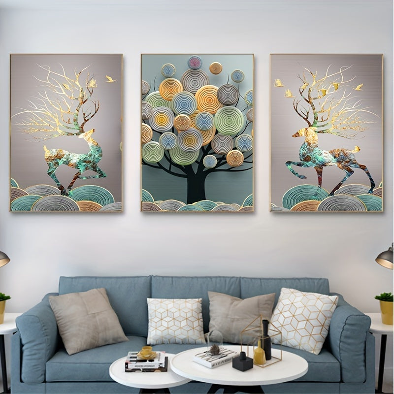 Frameless Chinese Feng Shui tree canvas painting for living room decor, 3 pieces, 15.7*23.6in.