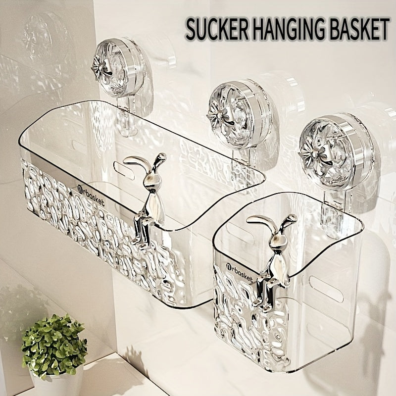 Suction cup hanging basket with rabbit and bowknot decor for bathroom storage.