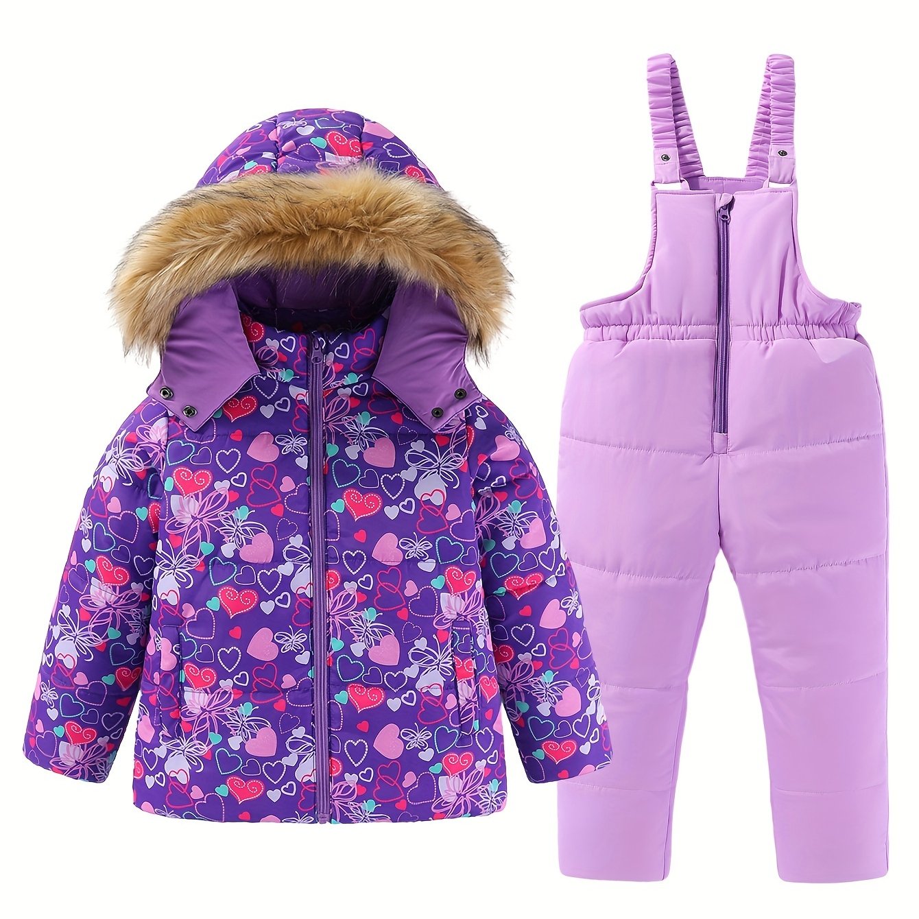 Qizlar uchun qishki chang'i snowsuit to'plami, kaputli kurtka va suspendor shimlar bilan ochiq havoda foydalanish uchun