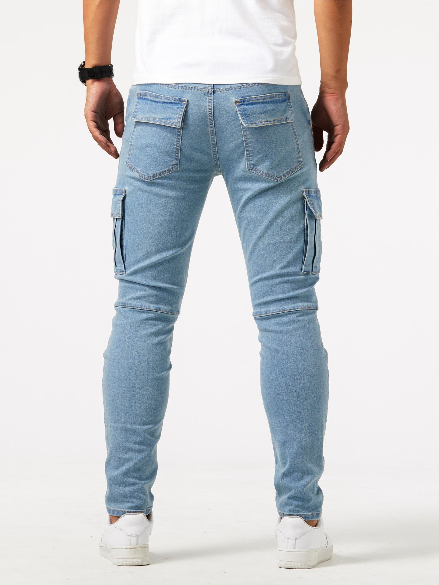 Men's slim jeans with multi-pockets, high stretch denim blend, solid color, washed finish, skinny fit, regular length, and 385g/m² weight - ideal for teens.