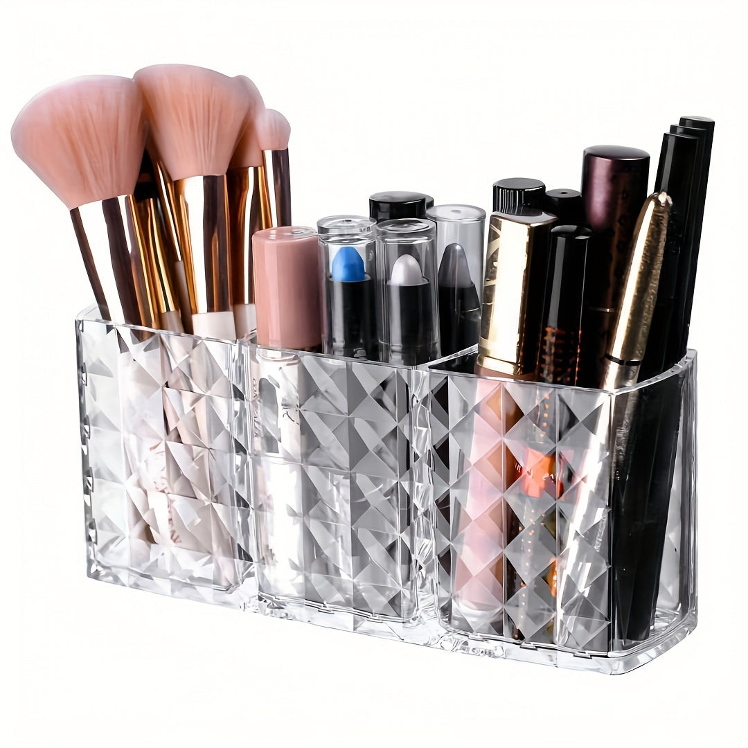 Clear plastic makeup brush holder with large capacity for organizing cosmetics on vanity or bathroom countertop. Lightweight, independent design with no electricity needed. Under 3.2 cubic feet storage and less than 68.58 cm tall. Stylish and clear