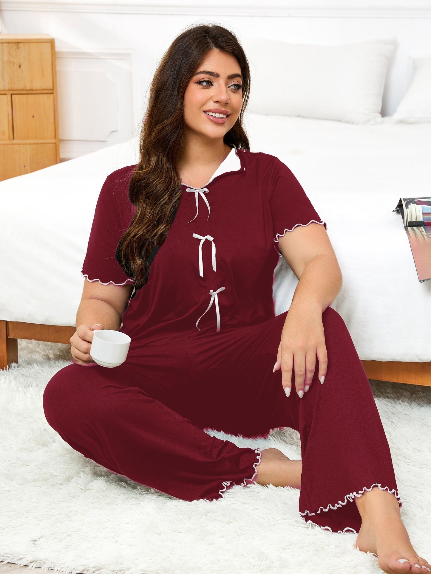 Plus Size Black Knit Pajama Set with Lace Trim - Short Sleeve Top & Long Pants, Cozy Sleepwear for All Seasons, Feminine Sleep Set, Stretchy Fabric