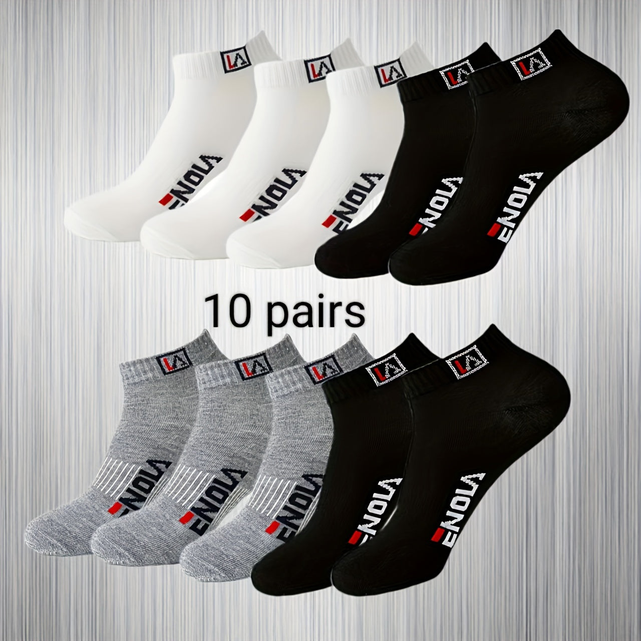 10 pairs of men's casual ankle socks in black, white, and grey with an alphabet pattern, made of 97% polyester and 3% spandex. Knit fabric, hand wash or dry clean only. From the