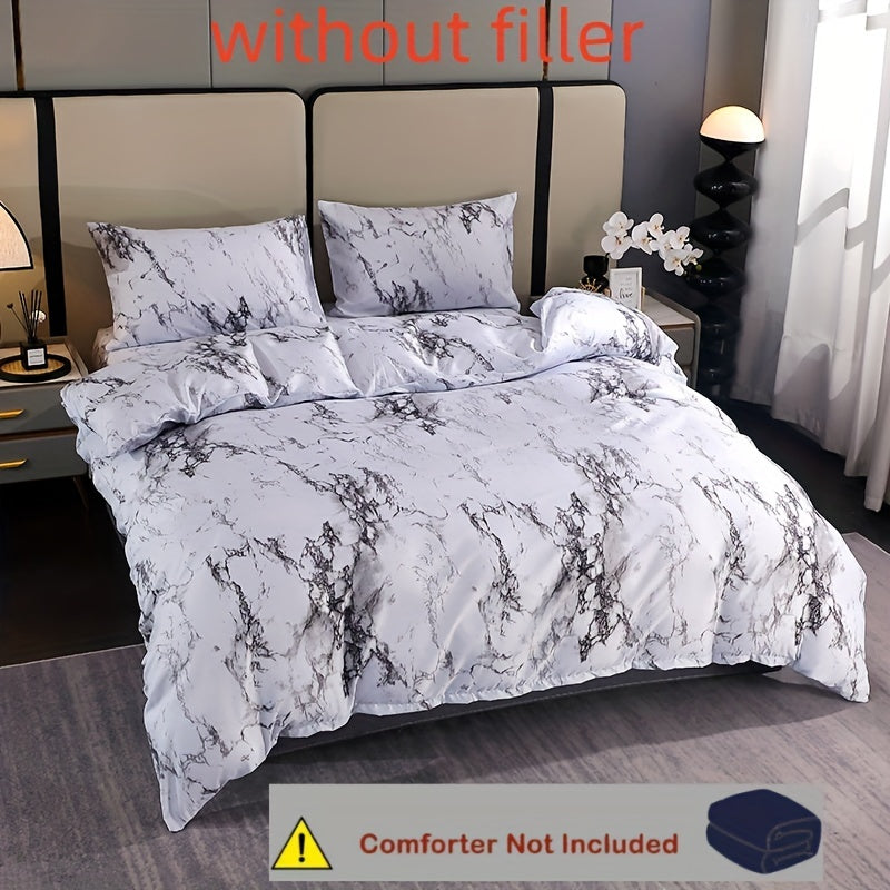 Elevate your bedroom or guest room decor with the 3-piece Elegant White Marble Print Duvet Cover Set. This set includes one soft polyester duvet cover and two pillowcases, all featuring a stylish white marble print. The breathable all-season bedding is