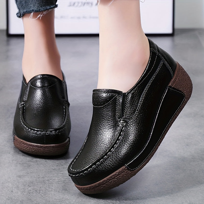 Women's slip-on loafers with mid-top design, round toe, mid heel, split cow faux leather upper, faux leather sole, all-season comfort.