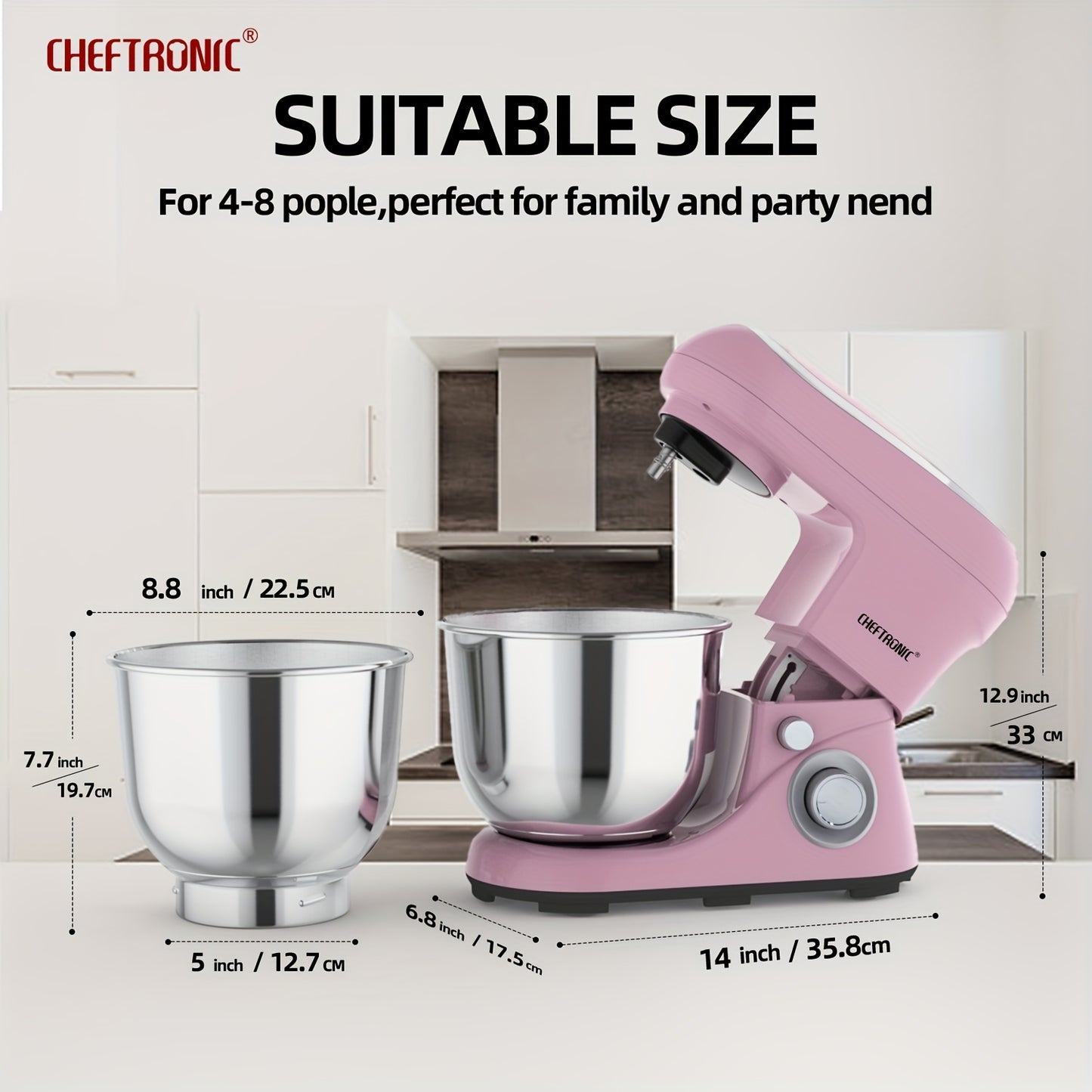 CHEFTRONIC 5.5QT Stand Mixer - 1300W 6-tezlikli Tilt-Head Oshxona Elektr Mikseri, Xamir Qopqog'i, Tuxum Qamchisi, Aralashtirish Pichog'i va Qamchi bilan - Pishirish va Ovqat Tayyorlash uchun Ideal, Metall+Plastik Tanasi.