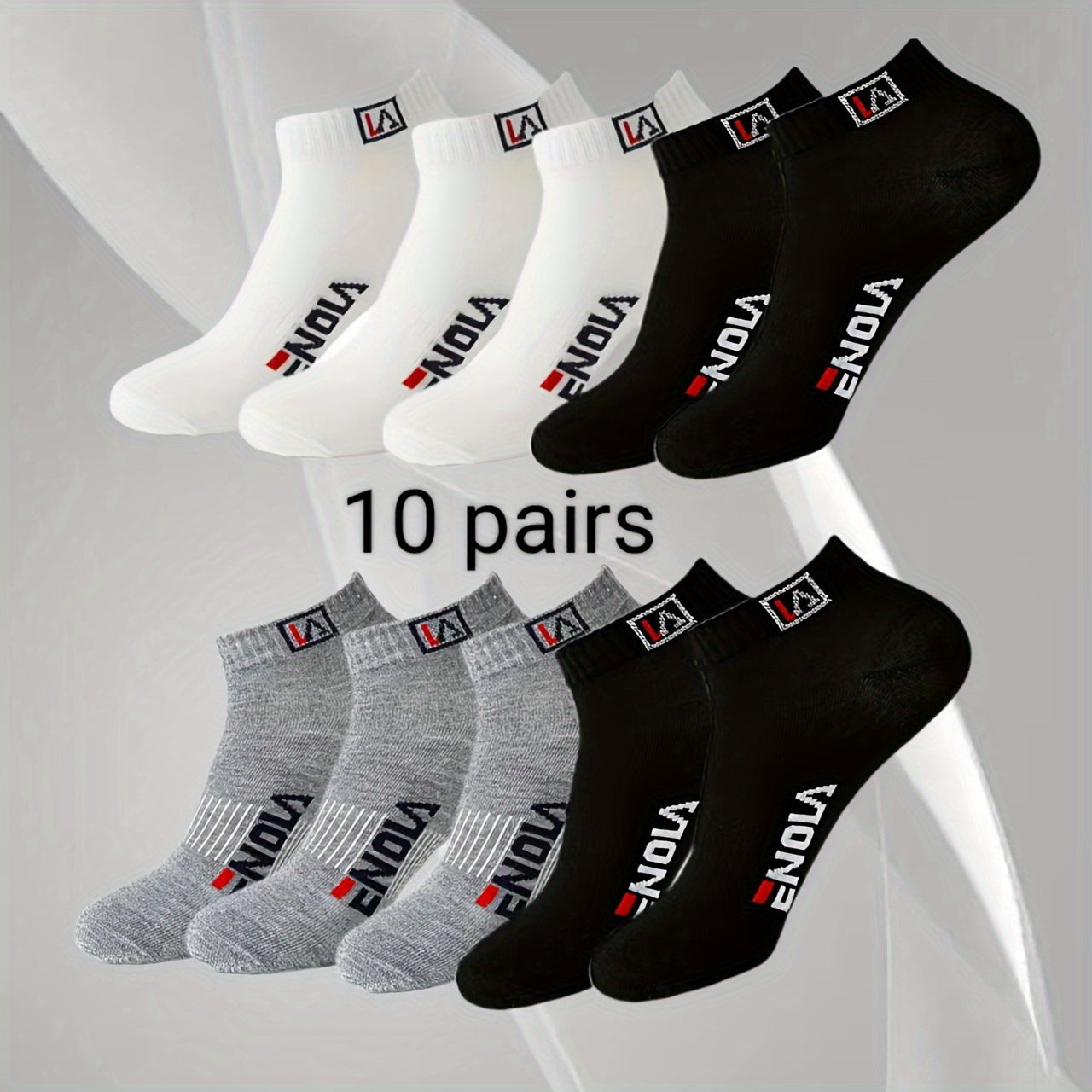 10 pairs of men's casual ankle socks in black, white, and grey with an alphabet pattern, made of 97% polyester and 3% spandex. Knit fabric, hand wash or dry clean only. From the