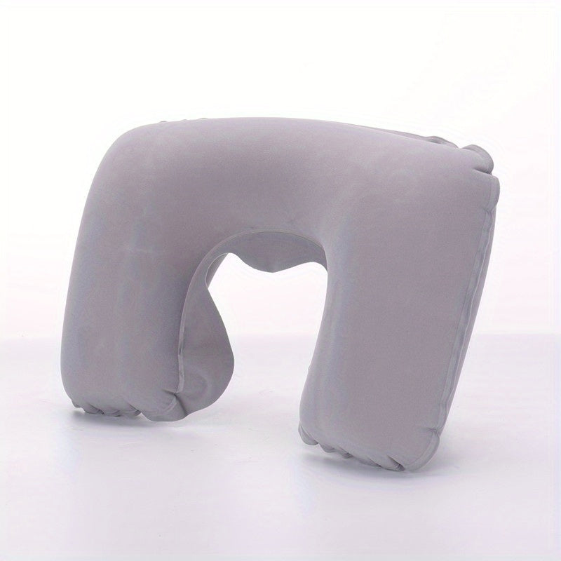 Inflatable U-shaped Travel Pillow Set with Short Plush Cover, PVC Support Headrest, Earplugs, and Eyeshade for Car or Office Use