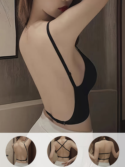 Sexy solid nylon bralette for women with wireless, removable backless push-up cups, seamless and breathable design, high support without steel bands in adult size. Made from knit fabric.