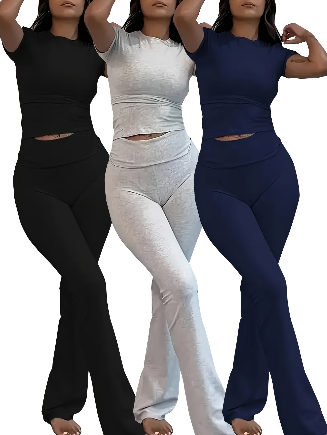 3-piece women's sporty lounge set with crop top and flared pants, slim and comfortable fit