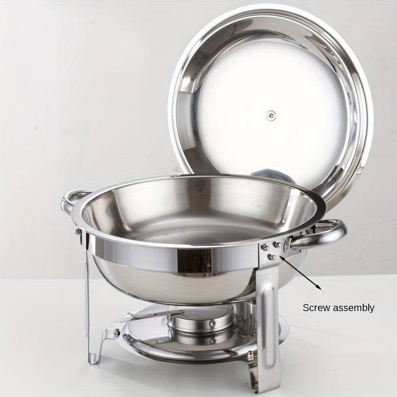 Upgrade your kitchen or catering setup with this 4.5L round stainless steel chafing dish buffet set. Perfect for parties, banquets, and other events, this set includes a tray, pan, lid, and stand for all your serving needs. Get your business supplies and