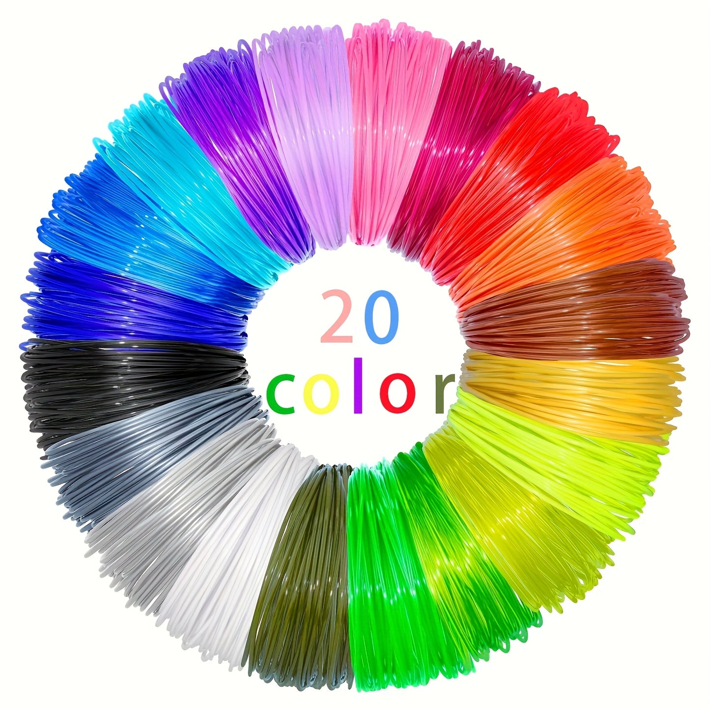 40 pack of 1.75mm diameter PLA filament for 3D pen, total length 4724.5 inches in random colors. Made of plastic, no battery needed.