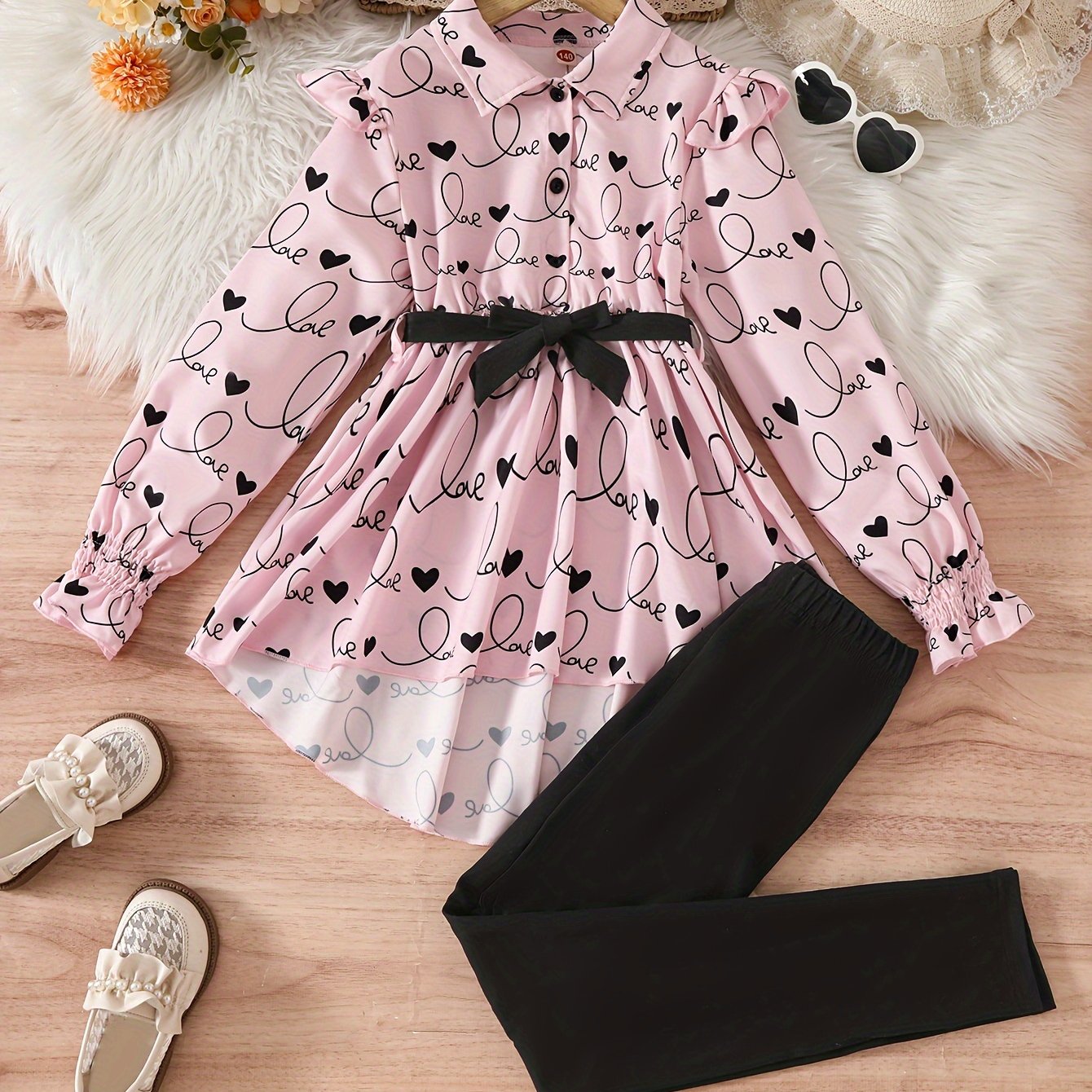 Chic Girls' 2pcs Set: Heart Print Top & Solid Color Pants - Spring/Fall Style, Machine Washable, Outdoor Friendly