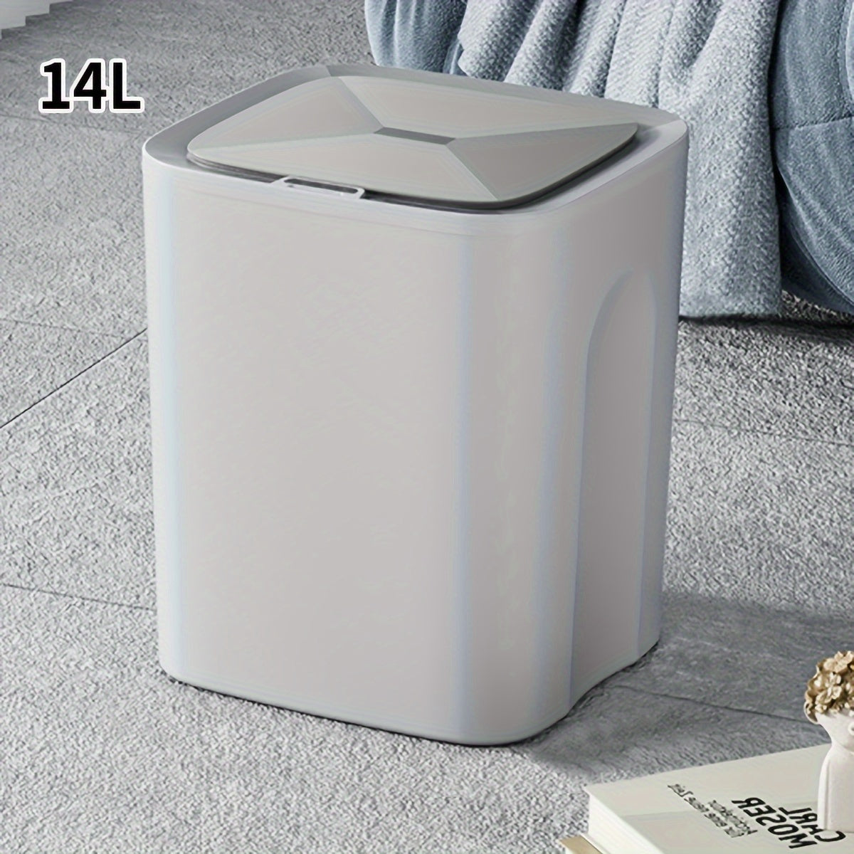 The Smart Touchless Trash Can features automatic open and close functions, operates quietly, and has a waterproof design ideal for home use.