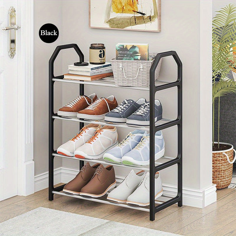 Simple Shoe Rack with 4 Tiers, Compact and Versatile Design, Quick and Easy Assembly, Dust-Proof Storage Solution for Entryway, Bedroom, or Living Room - White Sneakers Displayed on Black Metal Frame, Shoe Organizer