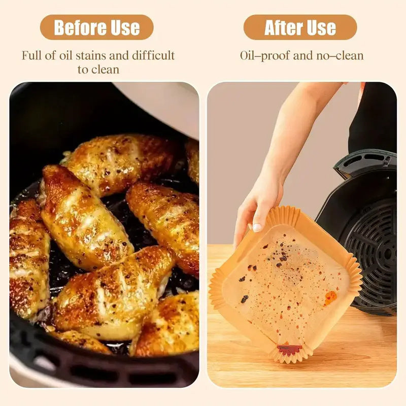 Square Air Fryer Liners - Pack of 100, Made with Food Grade, Heat and Oil Resistant Paper for Baking, Roasting, and Microwave Use. Durable, Easy to Clean, High Temperature Resistant Silicone Coating. Foldable for convenience.