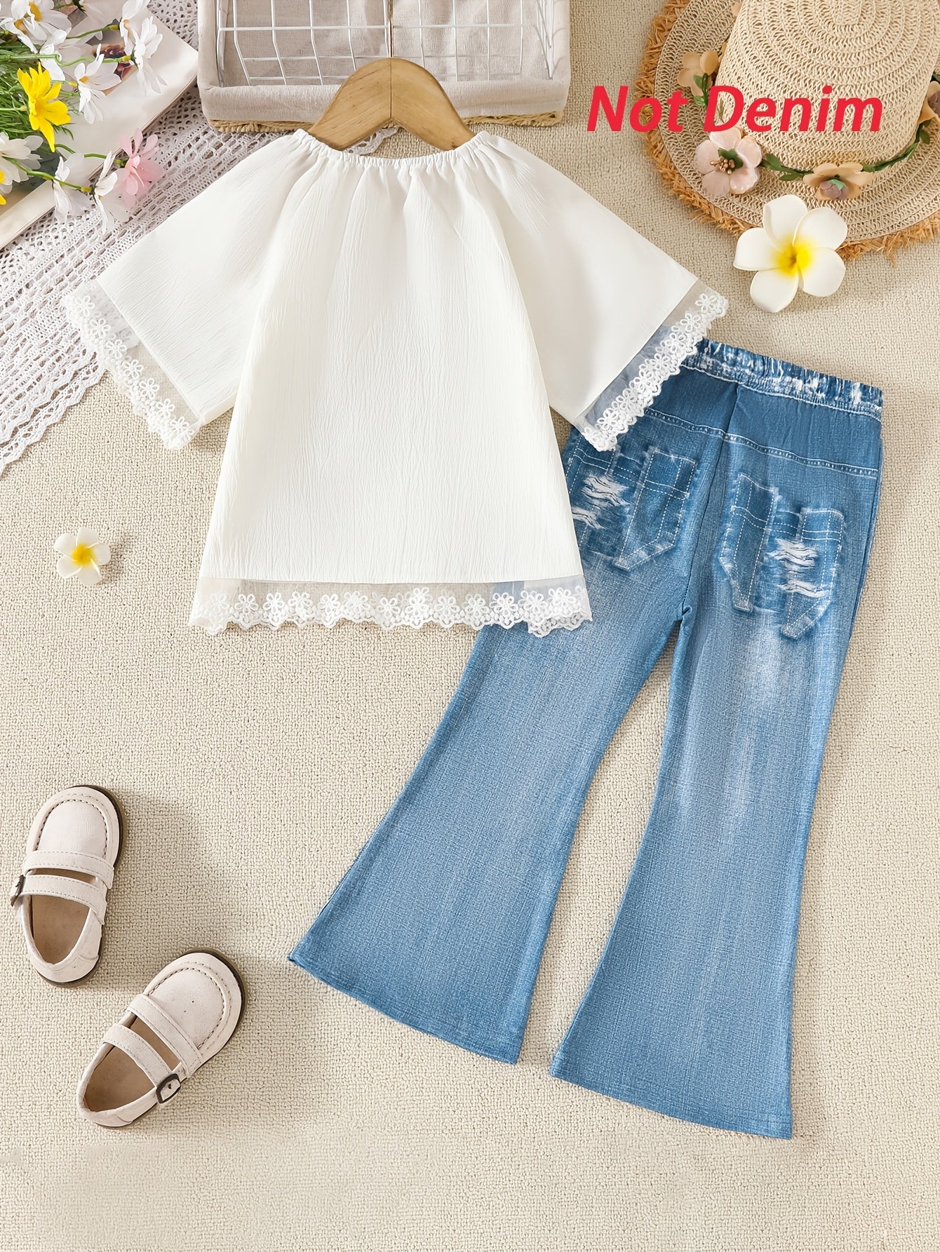 Stylish girls' summer outfit with lace-trimmed top and faux denim pants, machine washable, perfect for outdoor wear.