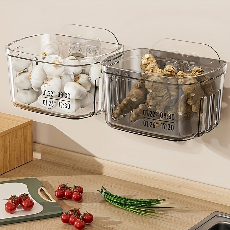 Transparent kitchen storage basket - 1 piece. Wall-mounted organizer for small items, no-drill installation. Made of plastic with open storage rack design.