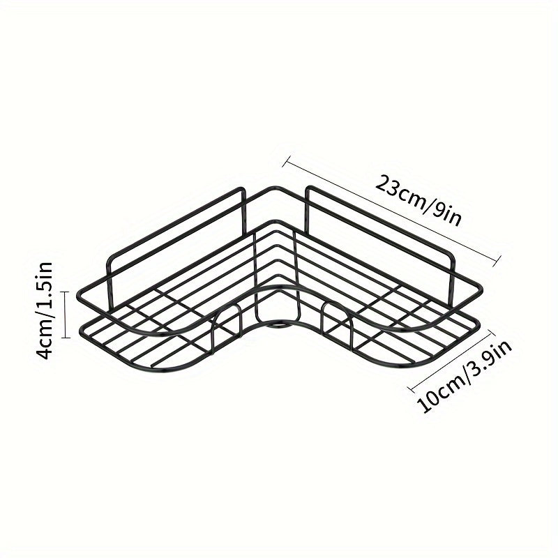 Punch-free corner shelf for bathroom storage, wall-mounted with space for toiletries and accessories.